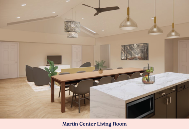 Rendering of a seating area in the back, a long table in the middle, and a long counter in the front.
